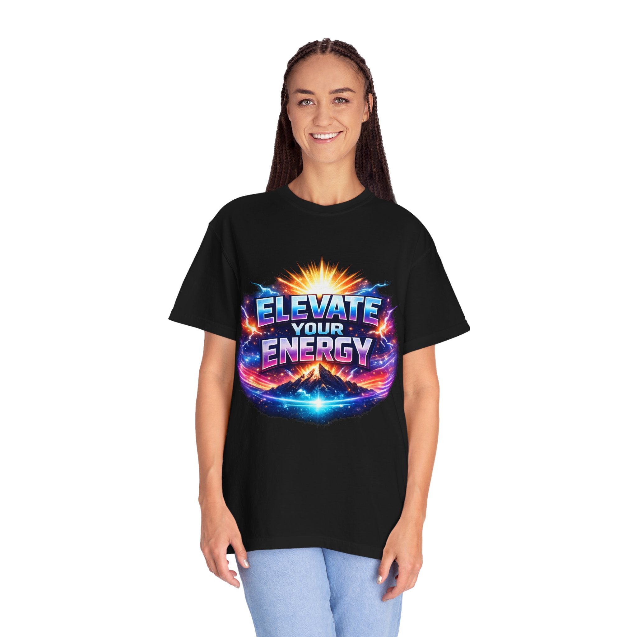 Person wearing a black t-shirt with 'Elevate Your Energy' design on a white background