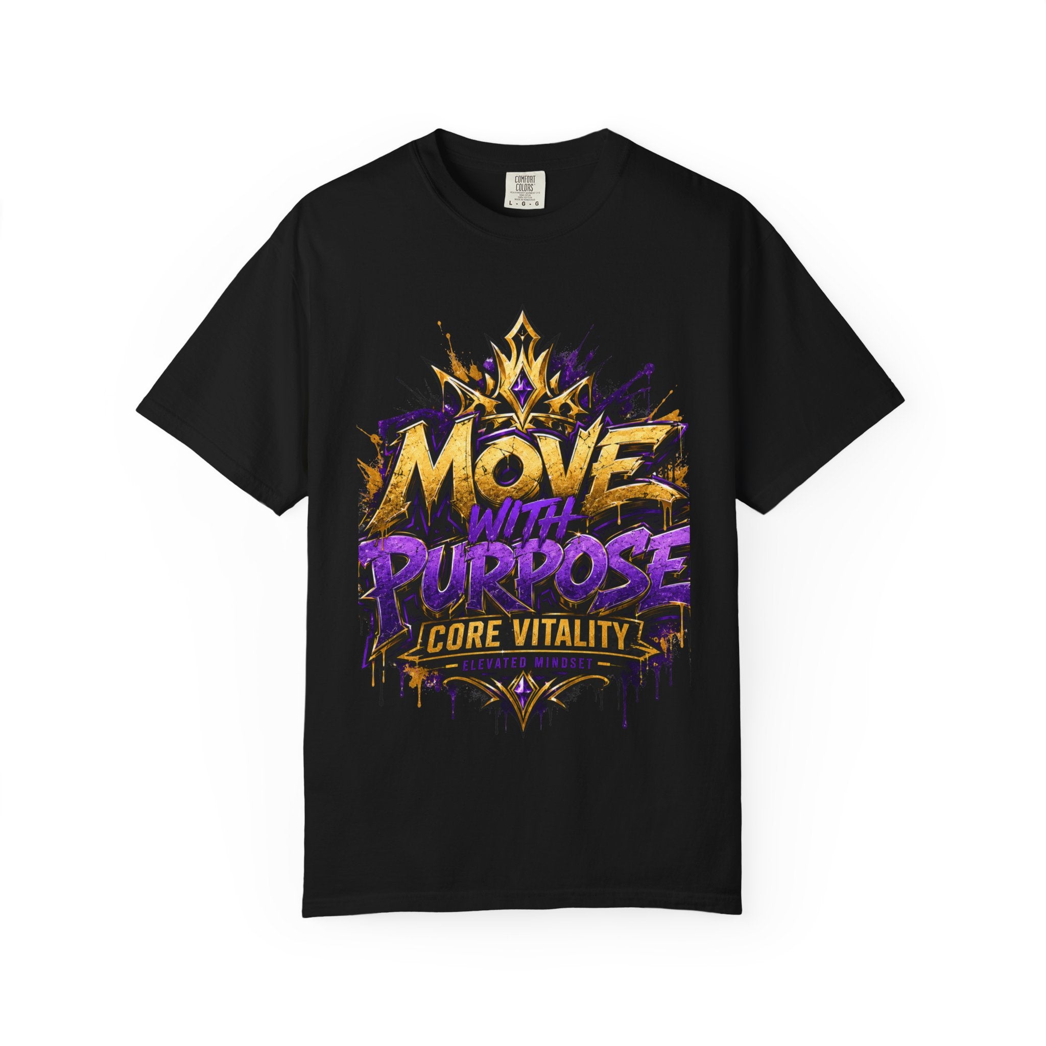 Black t-shirt with 'Move with Purpose Core Vitality' text and logo on a white background