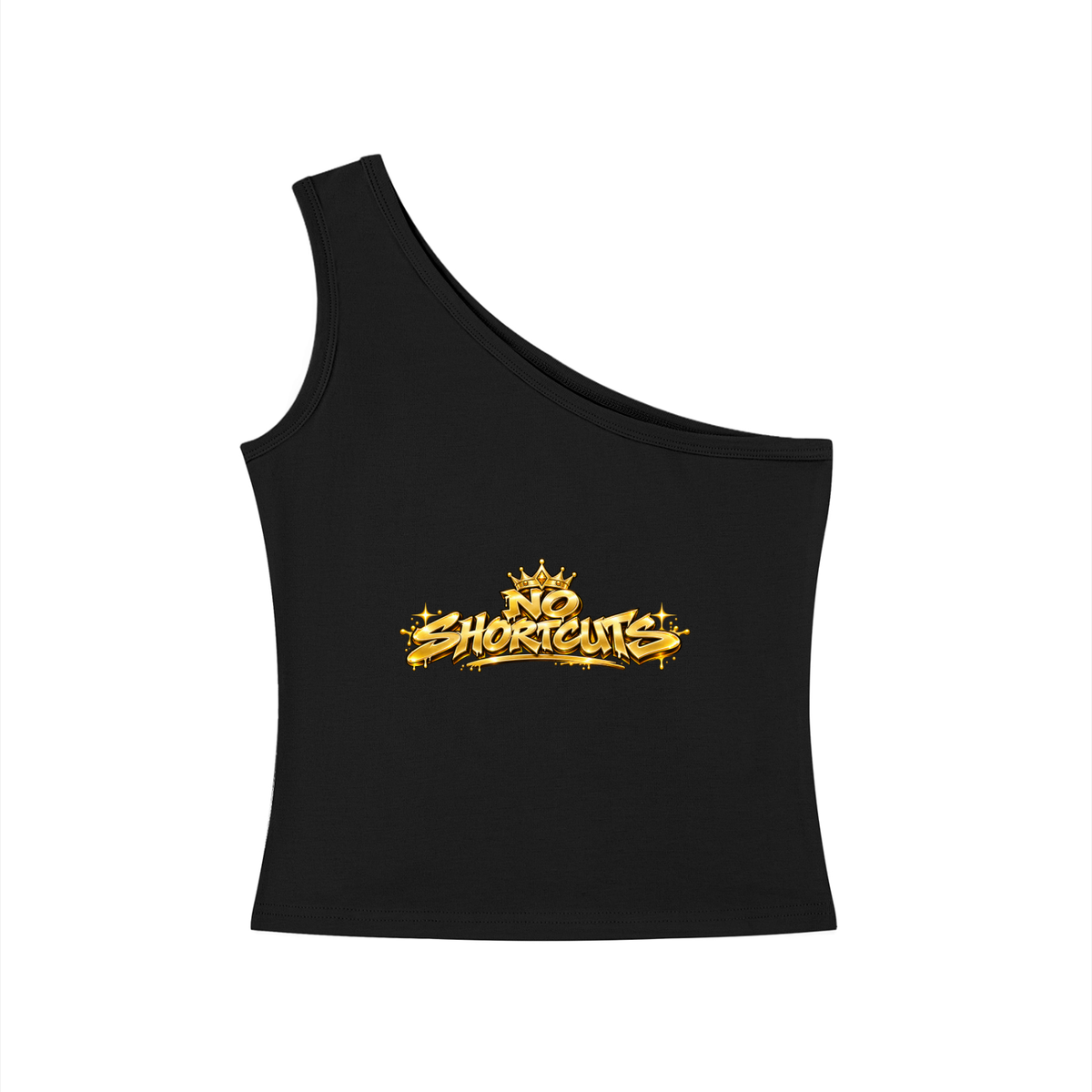 A Core Vitality black one-shoulder crop tank top featuring a stylized gold 'No Shortcuts' graphic with a crown on the front, displayed against a solid white background.