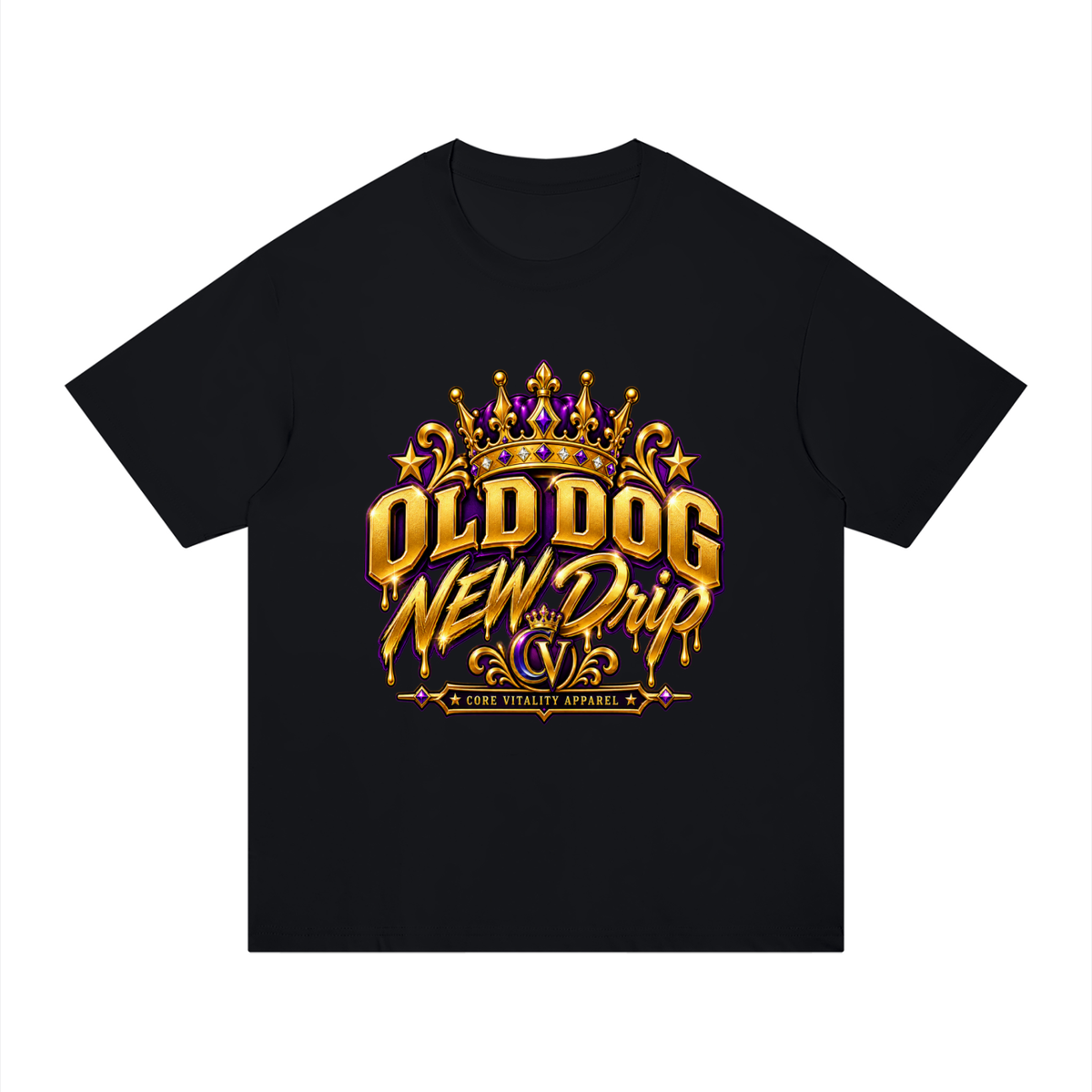 A  Core Vitality black short-sleeve crewneck t-shirt featuring a large graphic print on the chest. The graphic displays a gold crown with purple and pink gem details above the stylized text 'OLD DOG NEW Drip' in gold and purple, with a small banner reading 'A TRUE STREETWEAR APPAREL' at the bottom.