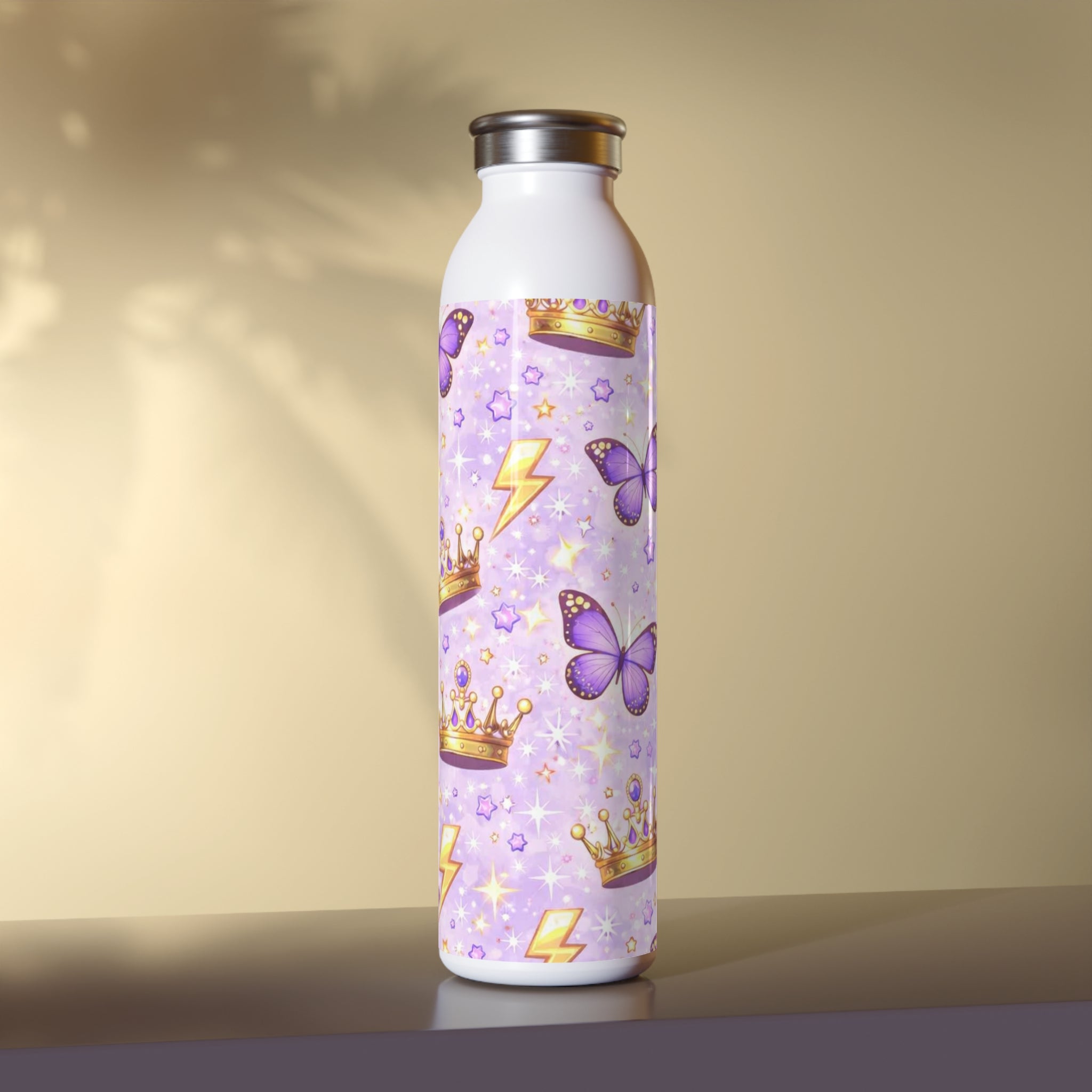 White water bottle with purple butterfly, crown, and lightning bolt design on a beige background