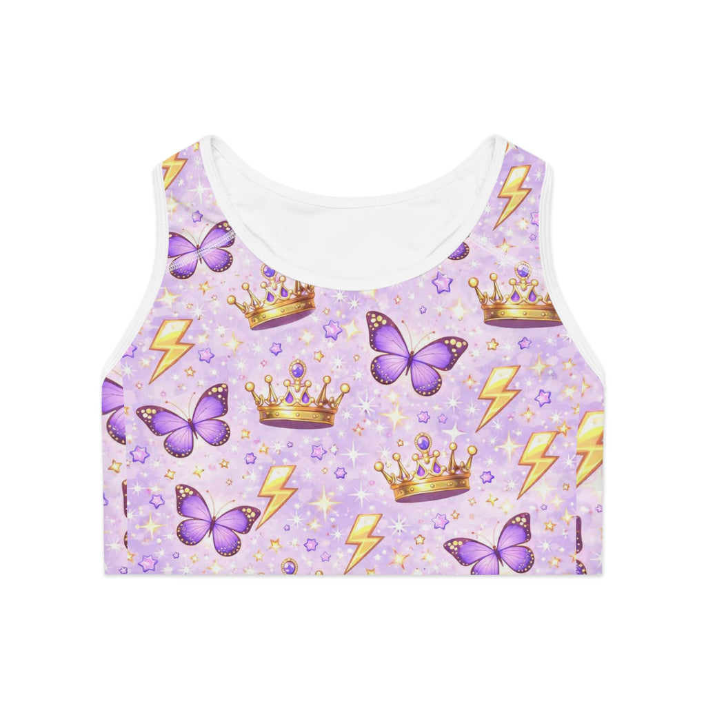 Purple crop top with butterfly, crown, and lightning bolt pattern on a white background