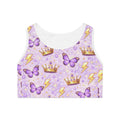 Purple crop top with butterfly, crown, and lightning bolt pattern on a white background