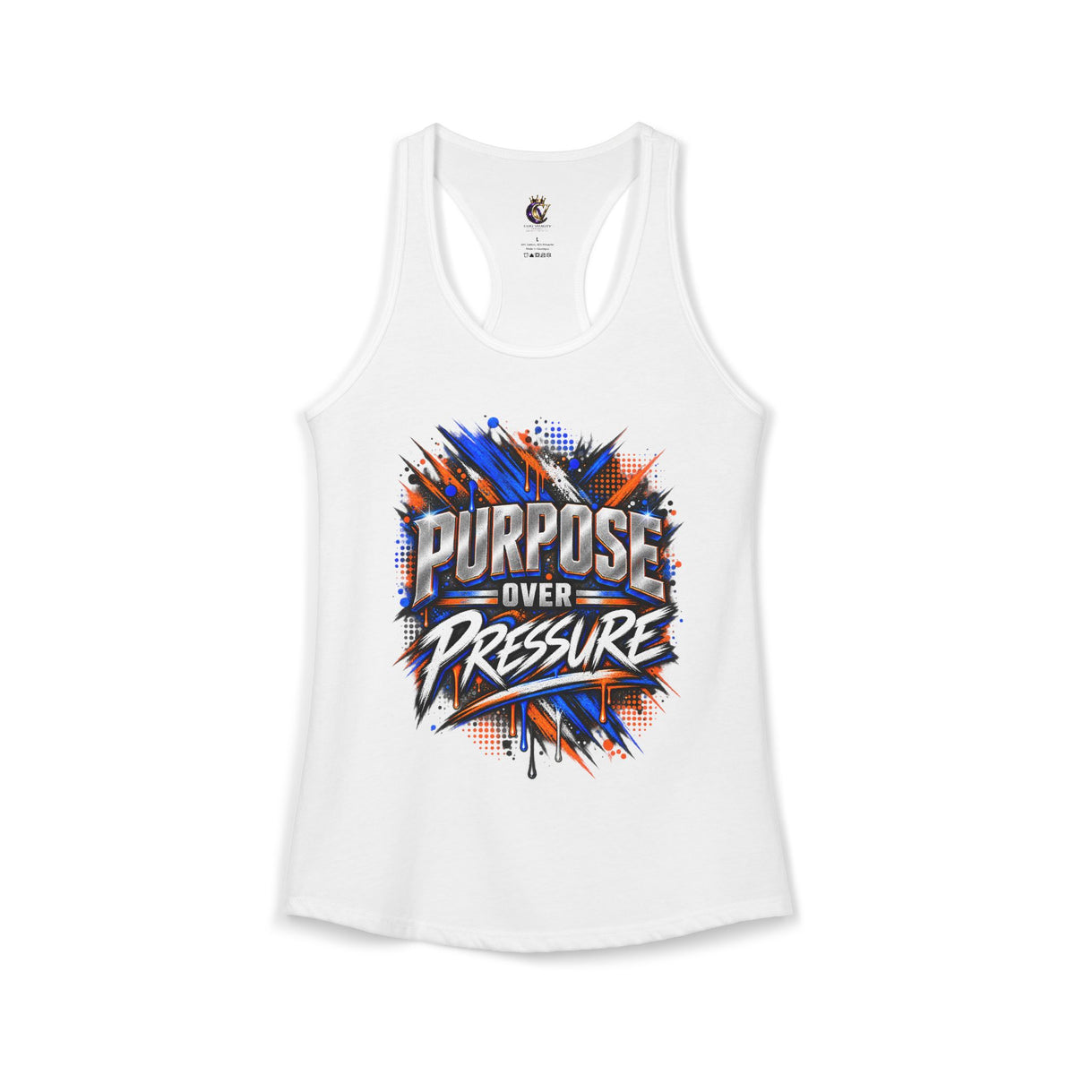 A white racerback tank top featuring a colorful graphic print on the front with the text 'PURPOSE OVER PRESSURE' in stylized lettering over a blue, orange, and gray paint-splatter design.