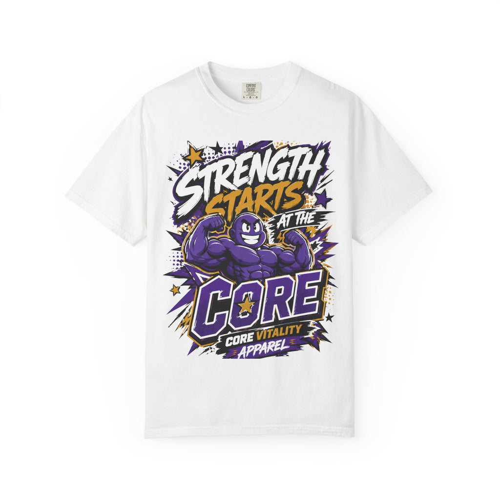 A white short-sleeve crewneck t-shirt featuring a colorful graphic print on the front. The graphic displays a purple cartoon muscular character flexing, surrounded by bold text that reads 'STRENGTH STARTS AT THE CORE' and 'CORE VITALITY APPAREL'.
