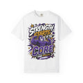 A white short-sleeve crewneck t-shirt featuring a colorful graphic print on the front. The graphic displays a purple cartoon muscular character flexing, surrounded by bold text that reads 'STRENGTH STARTS AT THE CORE' and 'CORE VITALITY APPAREL'.