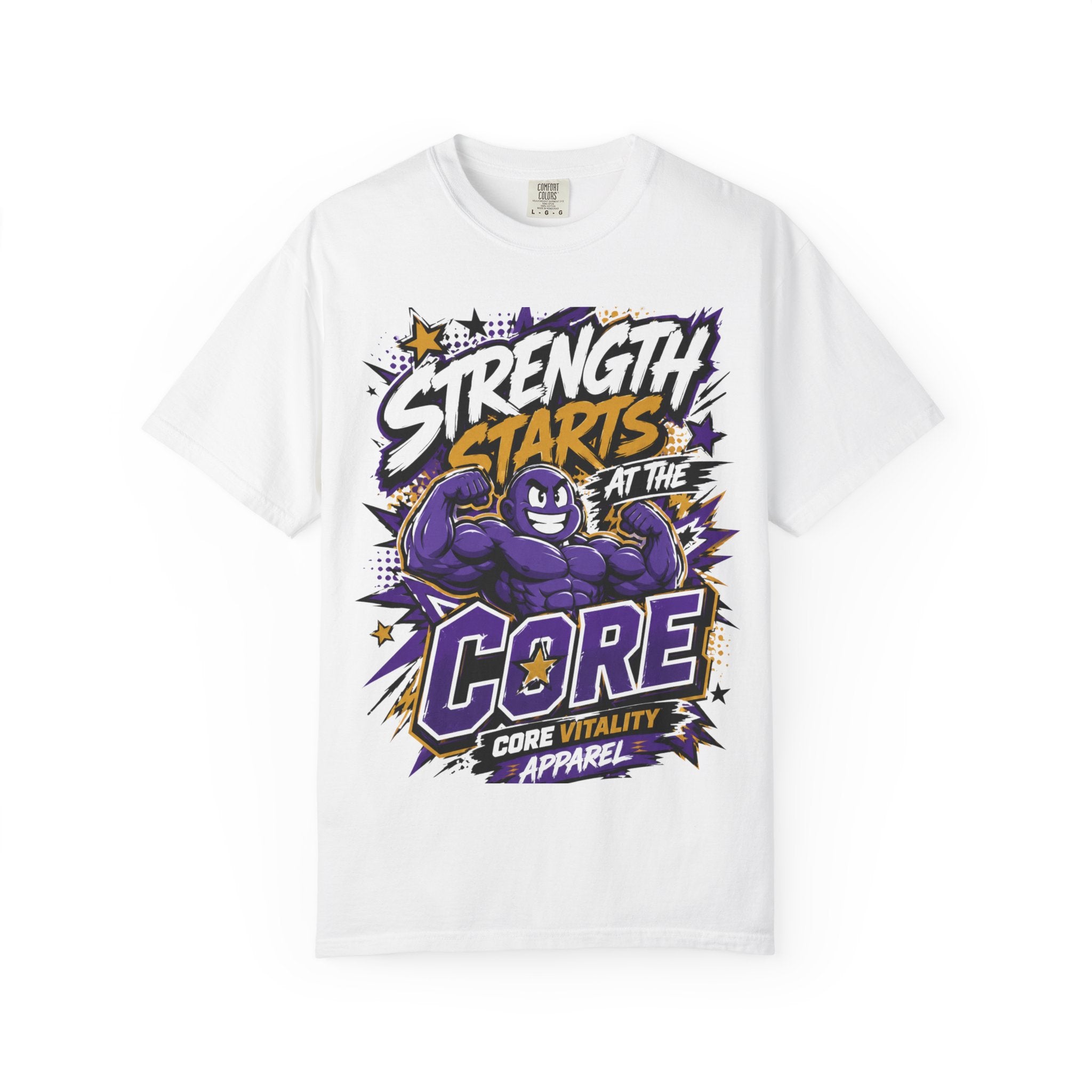 A white short-sleeve crewneck t-shirt featuring a colorful graphic print on the front. The graphic displays a purple cartoon muscular character flexing, surrounded by bold text that reads 'STRENGTH STARTS AT THE CORE' and 'CORE VITALITY APPAREL'.