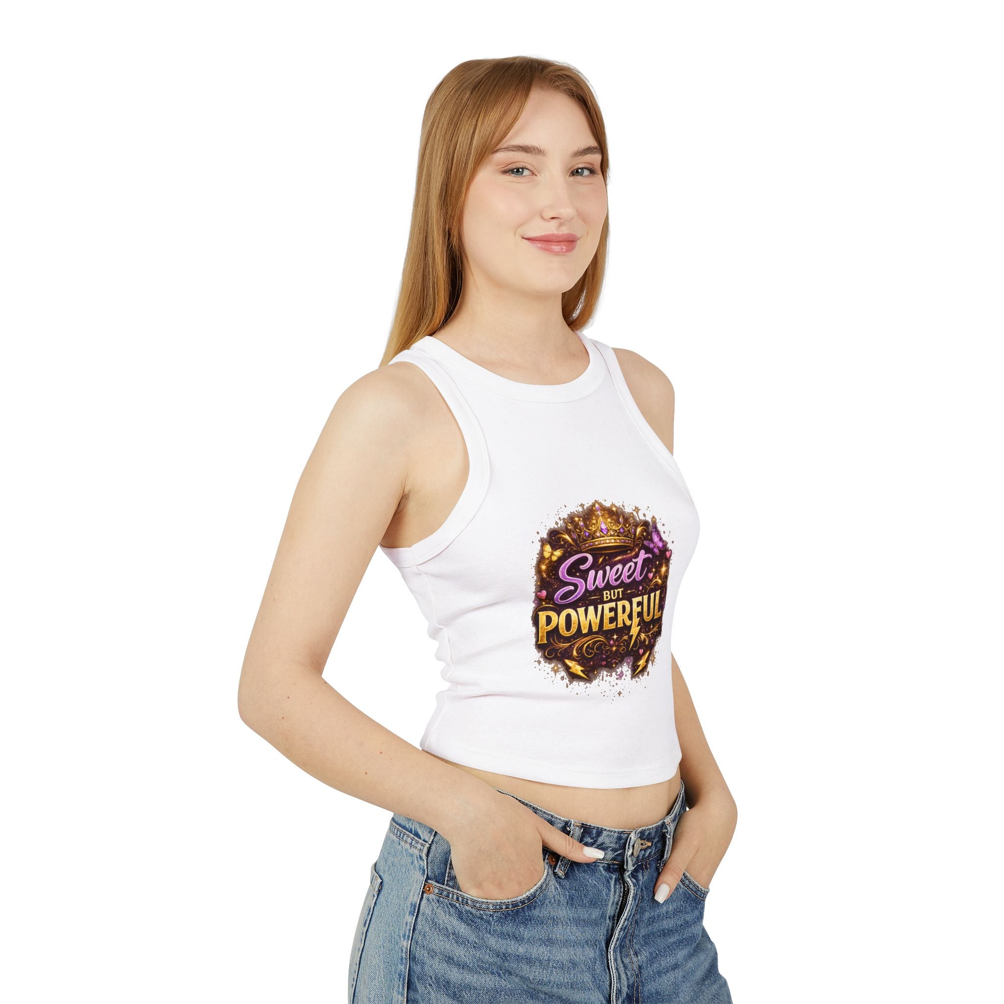 Woman wearing a white sleeveless shirt with a colorful graphic design on a white background