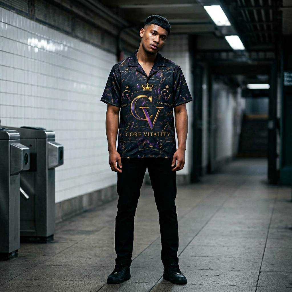 Person wearing a patterned shirt standing in a subway station