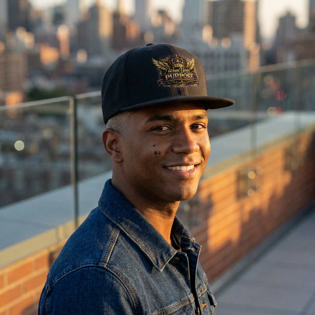 A smiling man wearing a Core Vitality black baseball cap with a gold and white 'PUBWICK' logo, standing on a rooftop terrace with a blurred city skyline in the background.