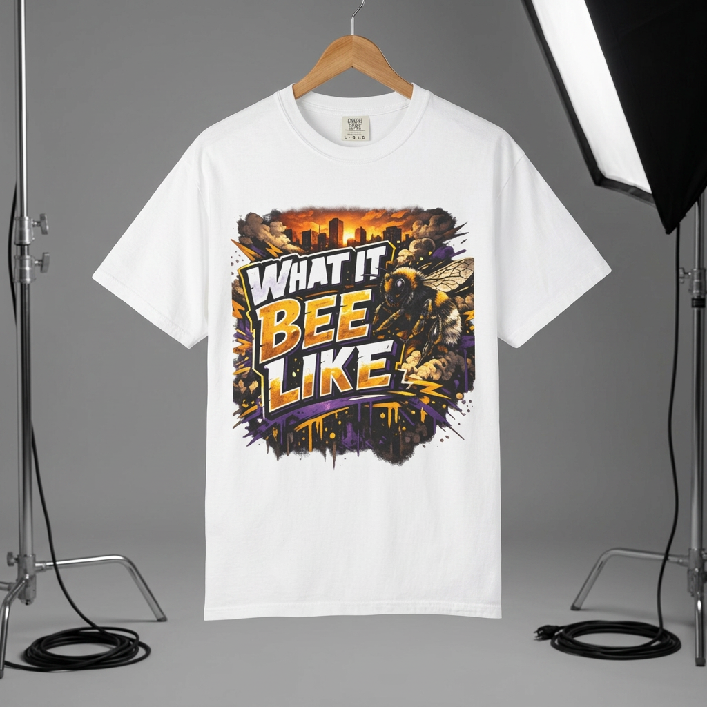 A white short-sleeve t-shirt hanging on a wooden hanger against a gray studio backdrop, featuring a large colorful graphic print on the front with the text 'WHAT IT BEE LIKE' and a bee illustration.