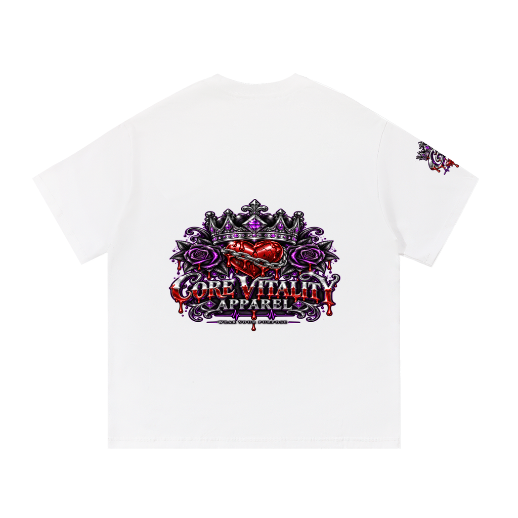 A white short-sleeve t-shirt shown from the back, featuring a large graphic print in purple, black, and red on the center back with the text 'CORE VITALITY APPAREL'. A smaller matching graphic is printed on the left sleeve.
