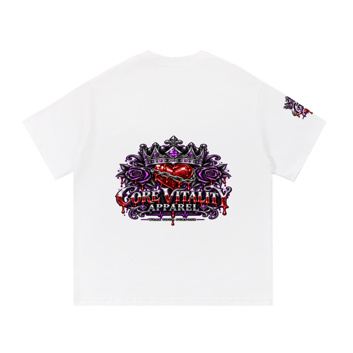 A white short-sleeve t-shirt shown from the back, featuring a large graphic print in purple, black, and red on the center back with the text 'CORE VITALITY APPAREL'. A smaller matching graphic is printed on the left sleeve.