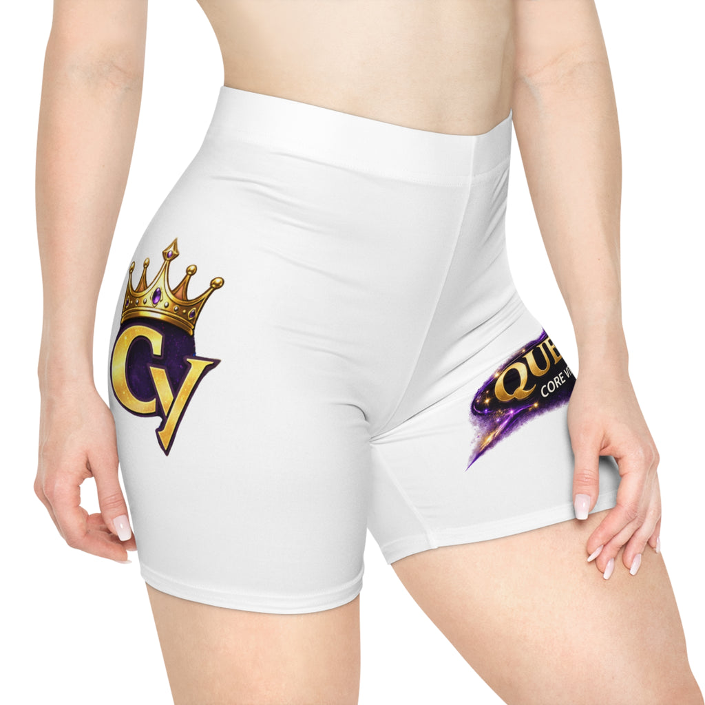 White shorts with a logo on the side, displayed on a white background
