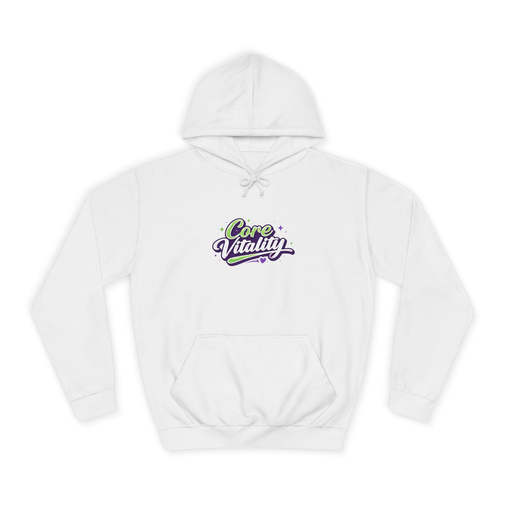 White hoodie with 'Core Vitality' text on a white background