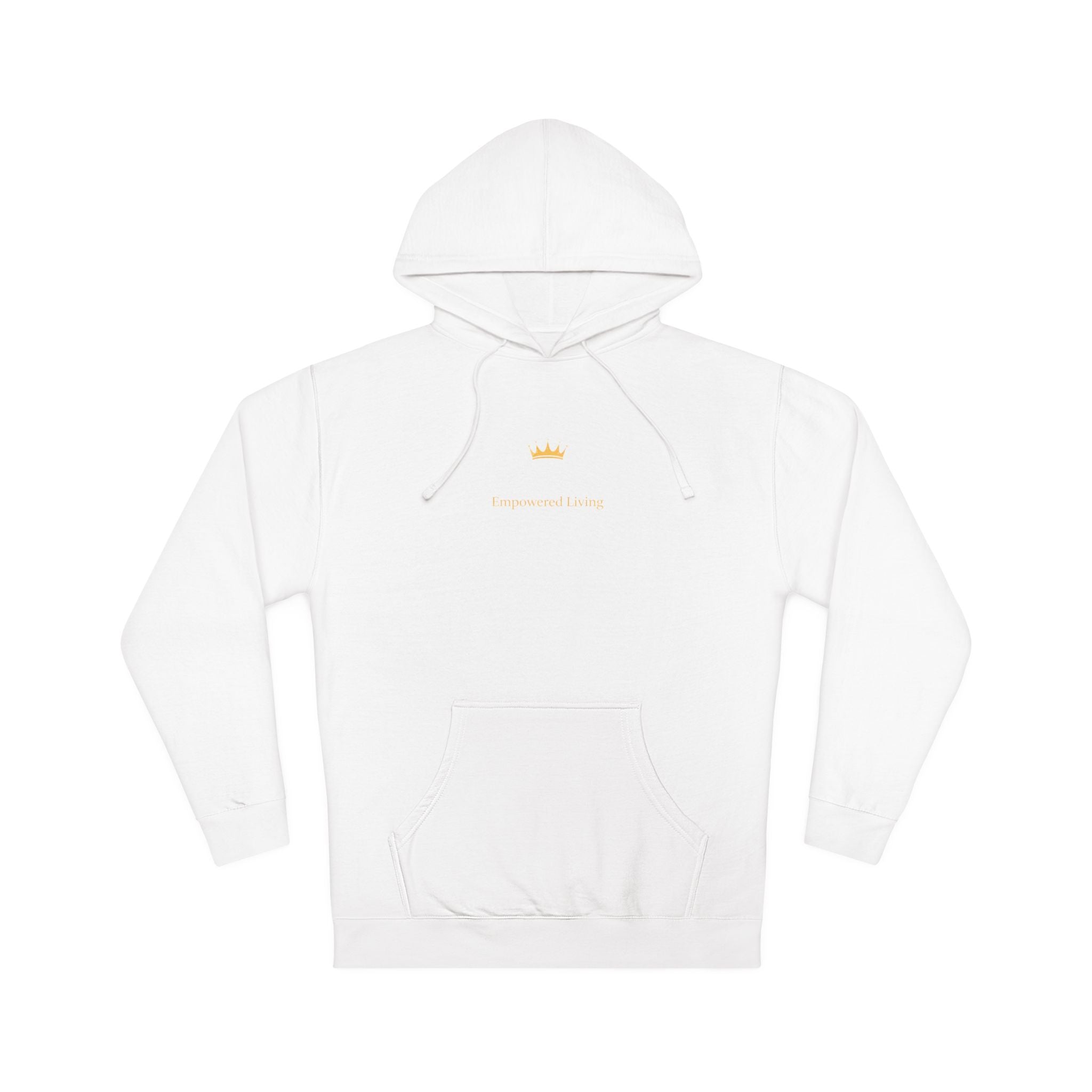 White hoodie with a small logo on a white background