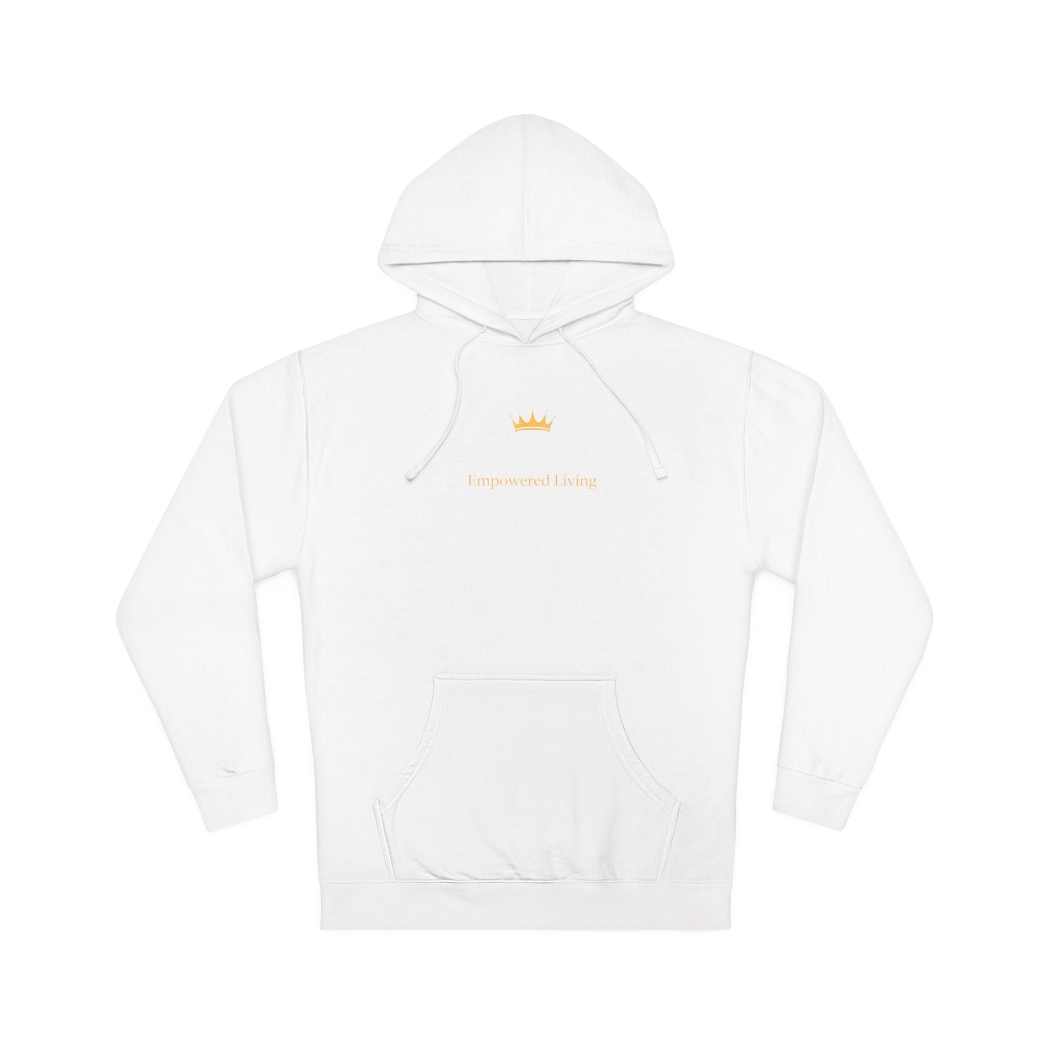 White hoodie with a logo on a white background