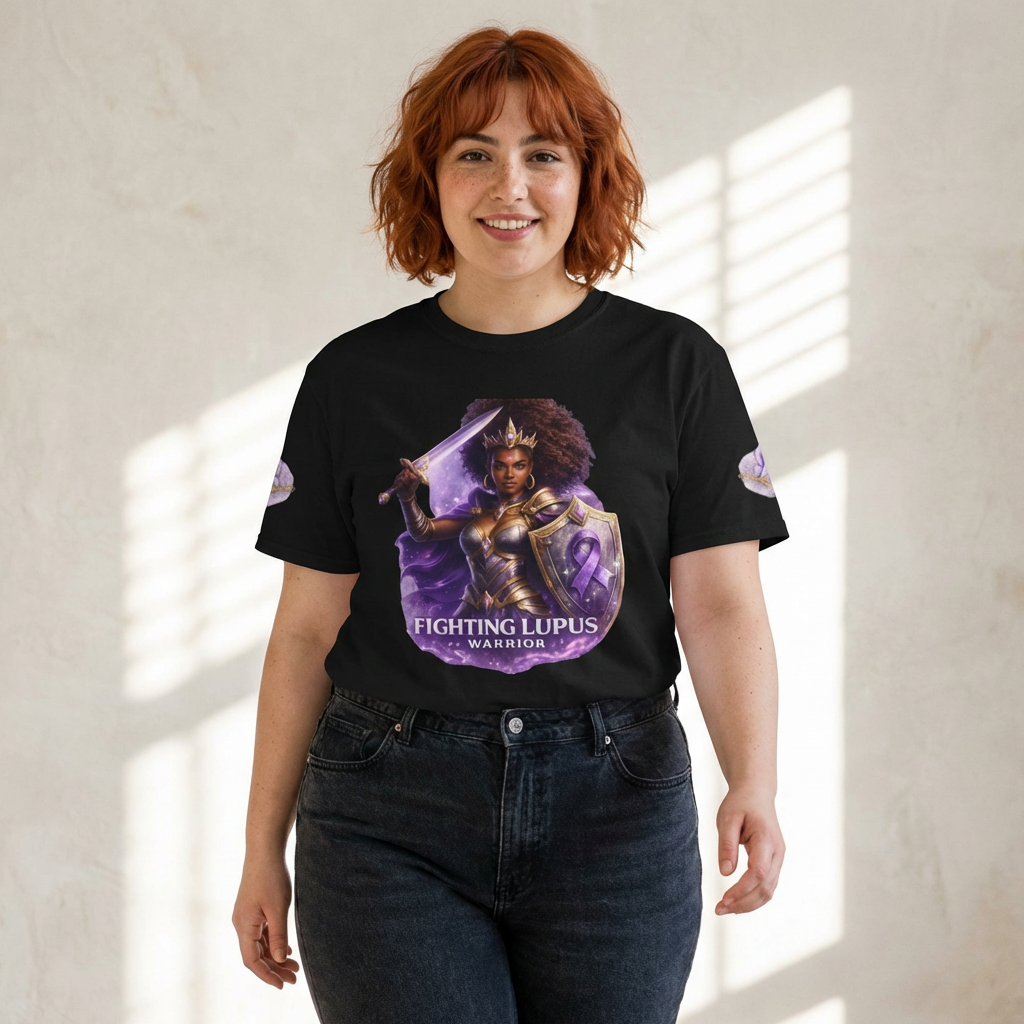 Person wearing a black t-shirt with a graphic design and text, standing in a well-lit room.