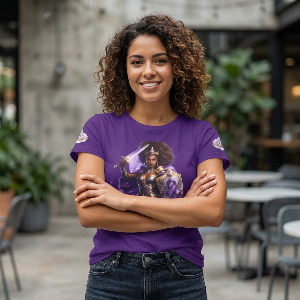 Woman wearing a purple t-shirt with a character design, standing outdoors.