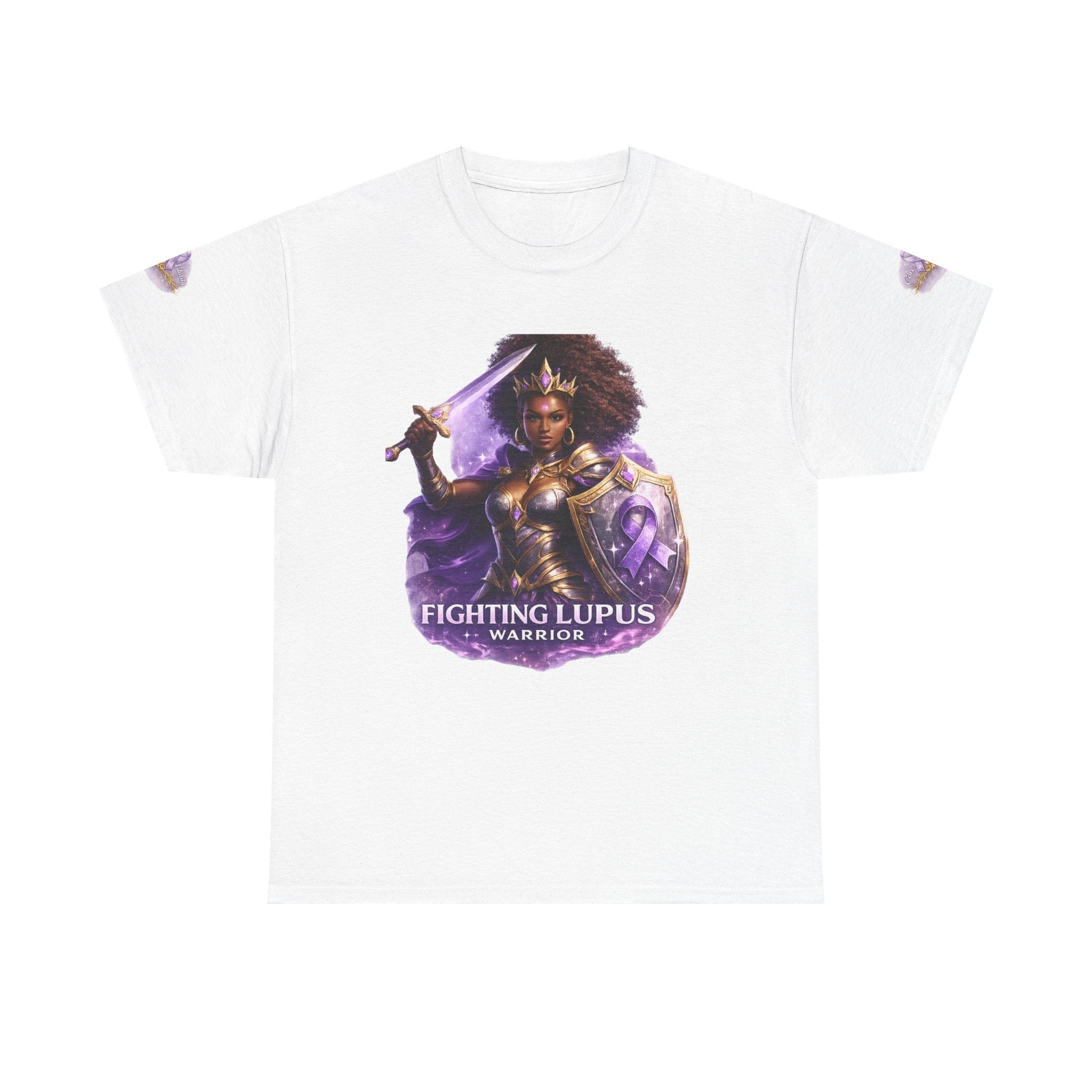 White t-shirt with a graphic of a warrior and 'Fighting Lupus Warriors' text on a white background