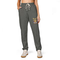Gray sweatpants with a logo on a white background