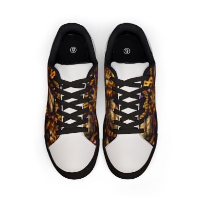 Pair of sneakers with leopard print laces on a white background